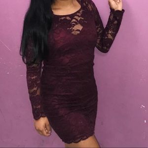 Long Sleeve Maroon Lace Mini Dress